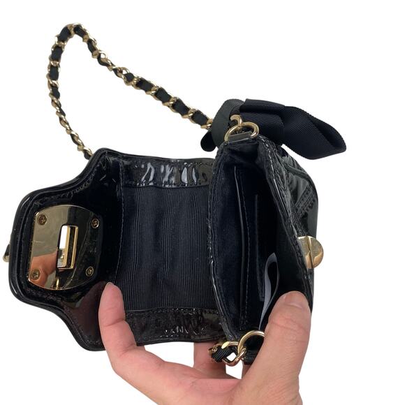 Talbots Black Quilted Leather Crossbody Bag Gold Chain Strap Bow Patent Finish - Picture 4 of 9